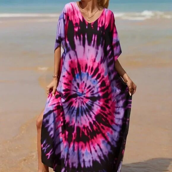 Kaftan Tie Dye Dress Swim Cover Up Maxi Loungewear OS L XL 1X NEW - Picture 3 of 8